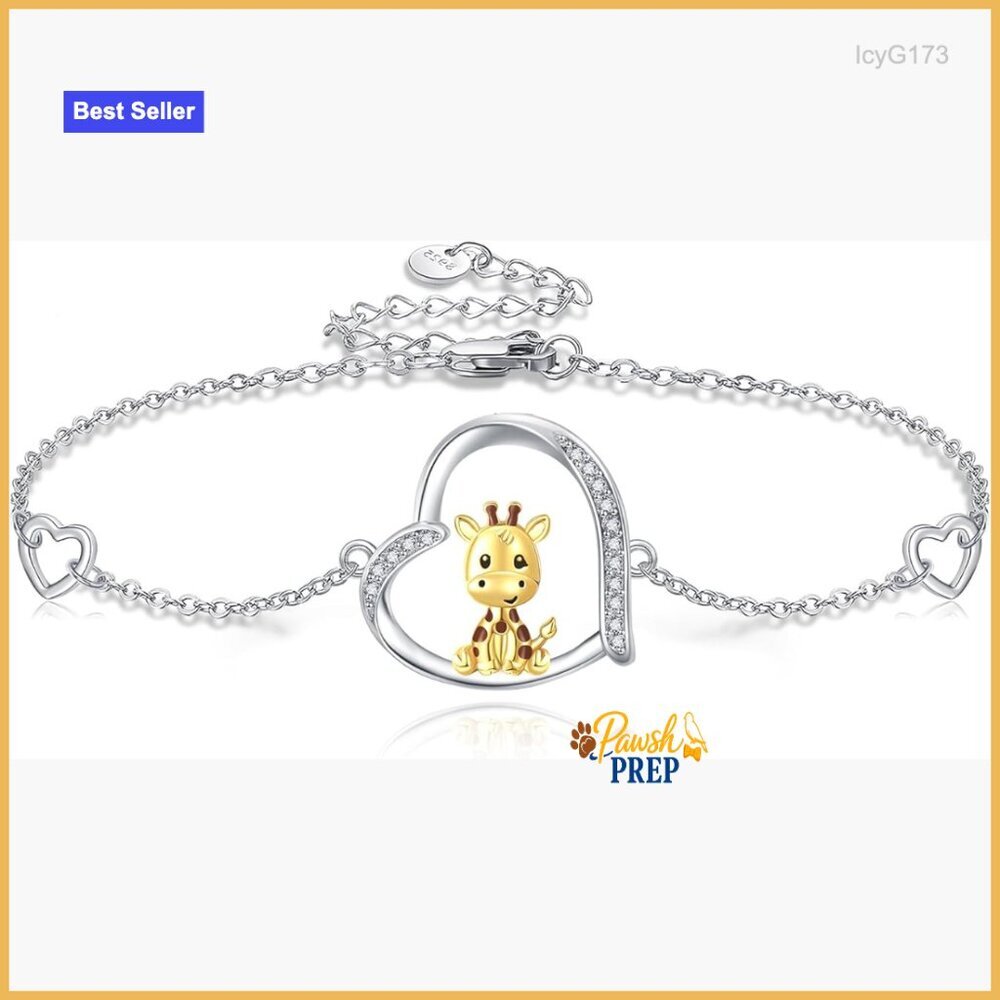 925 Sterling Silver Animal Bracelet Giraffe Heart Charm Adjustable Chain